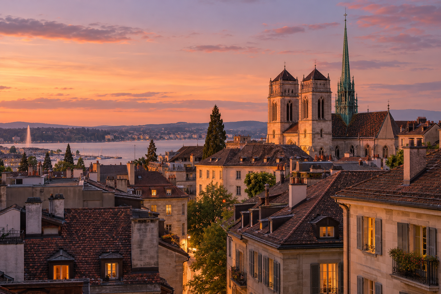 Évocation de la vieille ville de Genève dans une lumière de fin de journée.