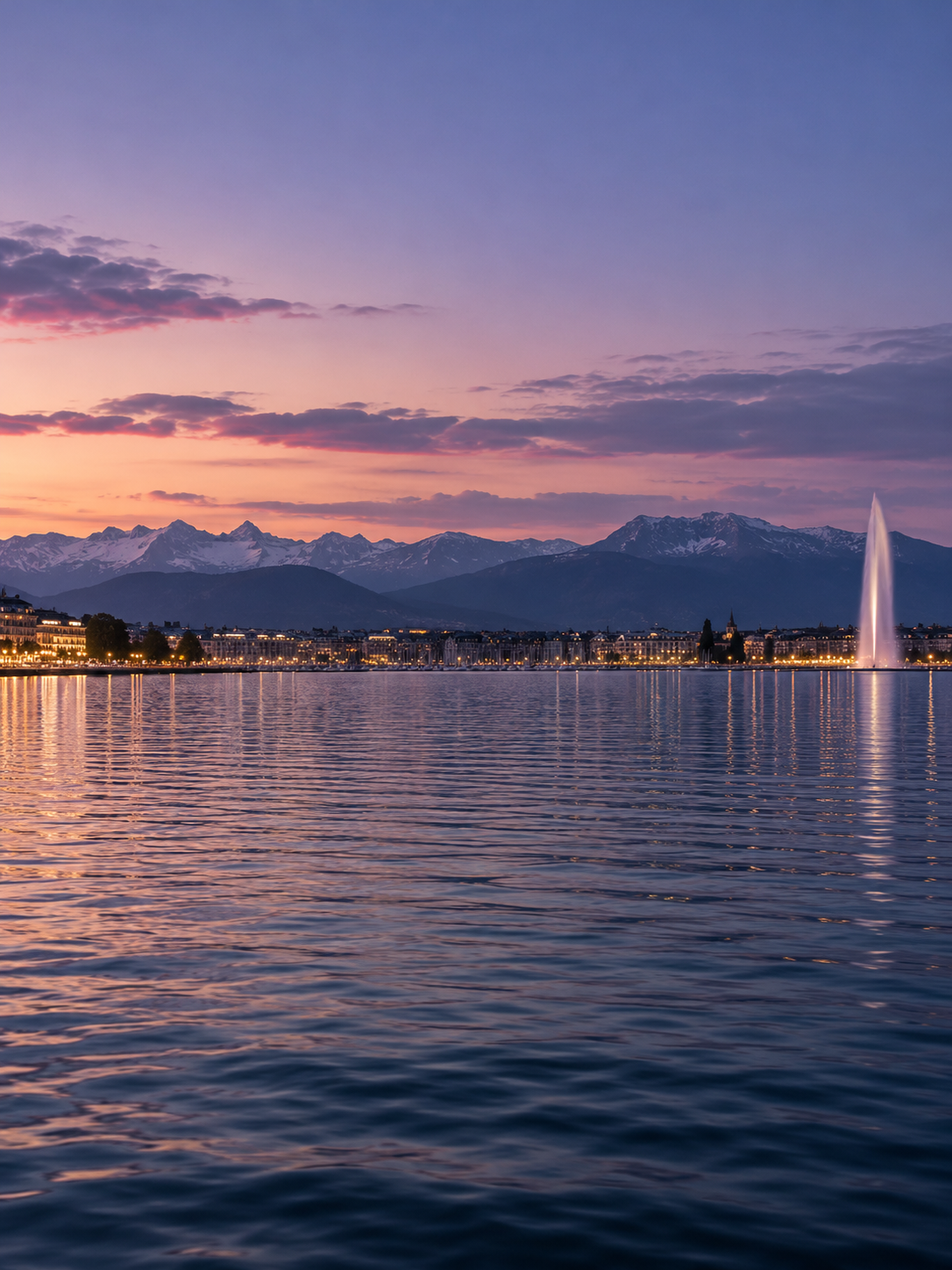 Évocation du Léman et du Jet d’eau au crépuscule
